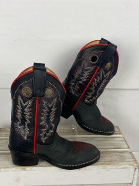 Dan Post black leather western cowboy boots red & white embroidery detailing 9